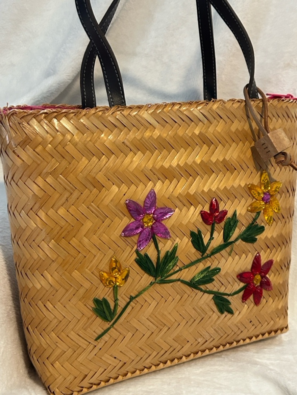 Vintage Esprit Woven Straw Floral Tote Bag - Gem Detail in a Boho Cottagecore